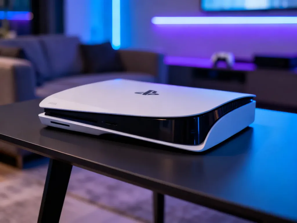 Konsola PlayStation 5 Pro na minimalistycznym biurku w nowoczesnym salonie z nastrojowym oświetleniem LED.