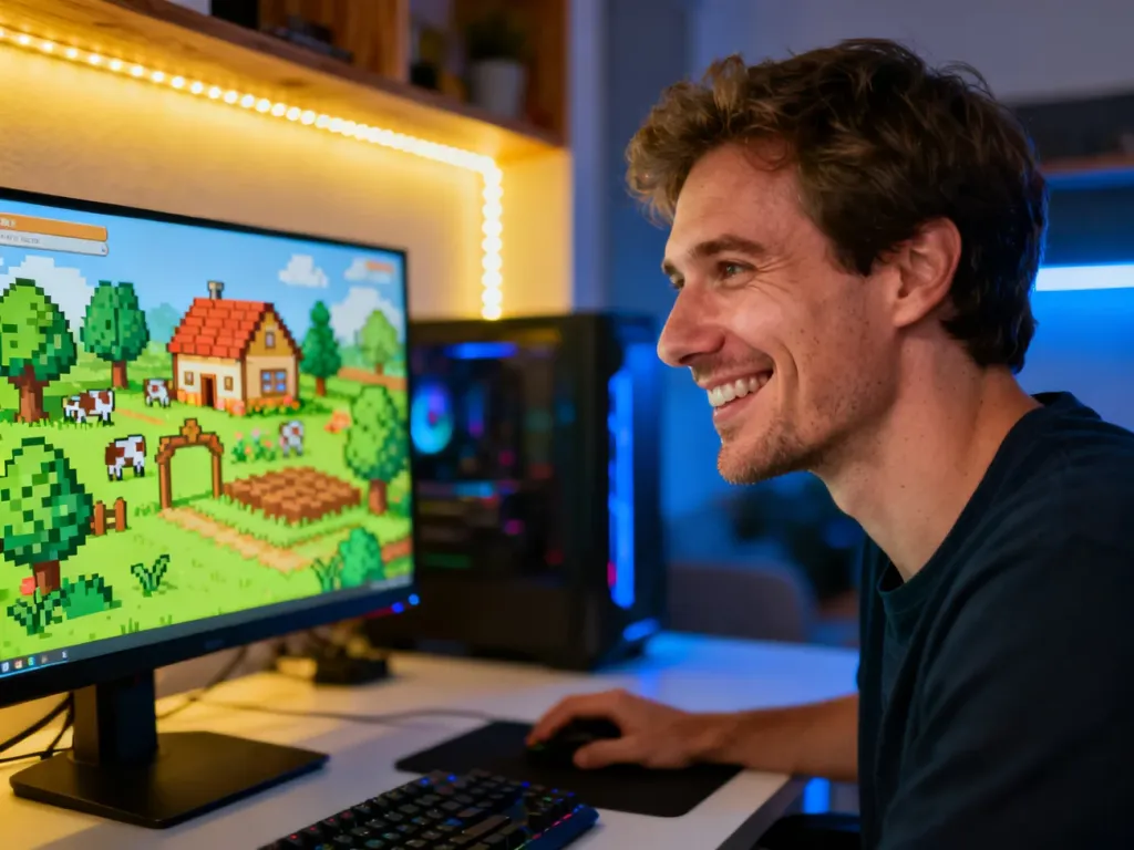 Uśmiechnięty gracz przy komputerze z uruchomioną grą Stardew Valley w przytulnym pokoju gamingowym.