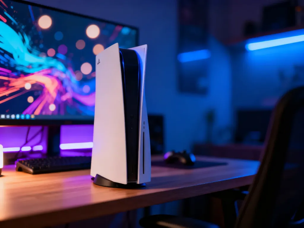 Biała konsola Xbox Series S na minimalistycznym biurku w przytulnym pokoju gracza z nastrojowym oświetleniem LED.
