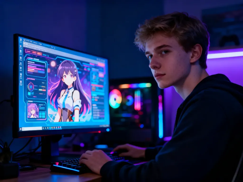 Młody gracz przy stanowisku komputerowym z podświetlanym monitorem, na którym widoczne są elementy interfejsu w stylu anime.