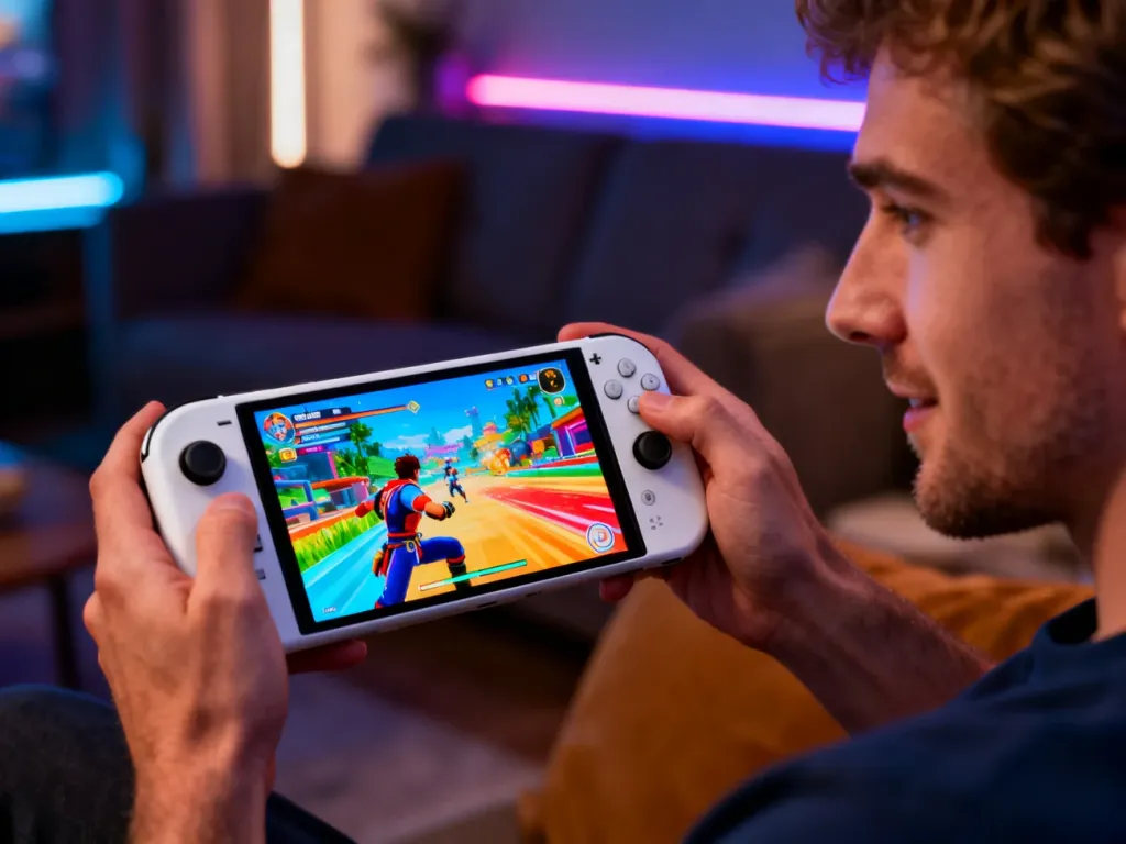 Mężczyzna trzymający konsolę Nintendo Switch OLED z kolorową grą na ekranie w przytulnym salonie.