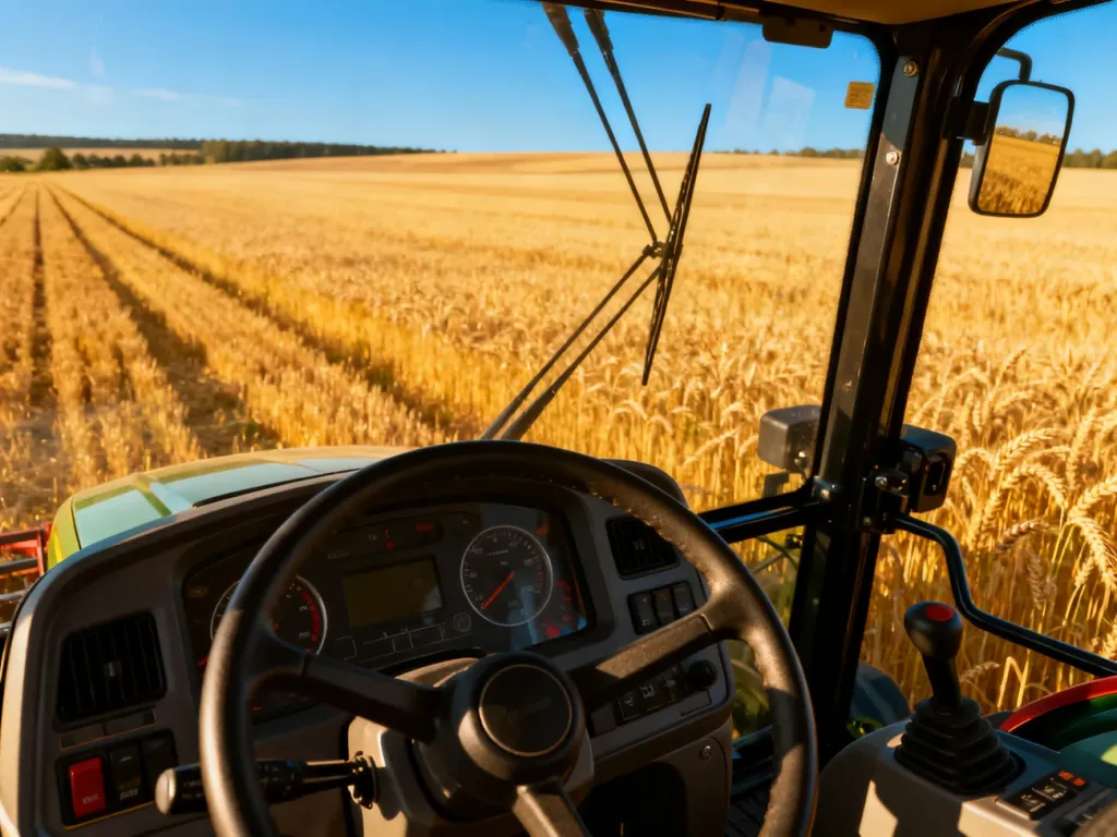 Widok z kabiny nowoczesnego ciągnika na rozległe pole pszenicy w grze Farming Simulator 15.