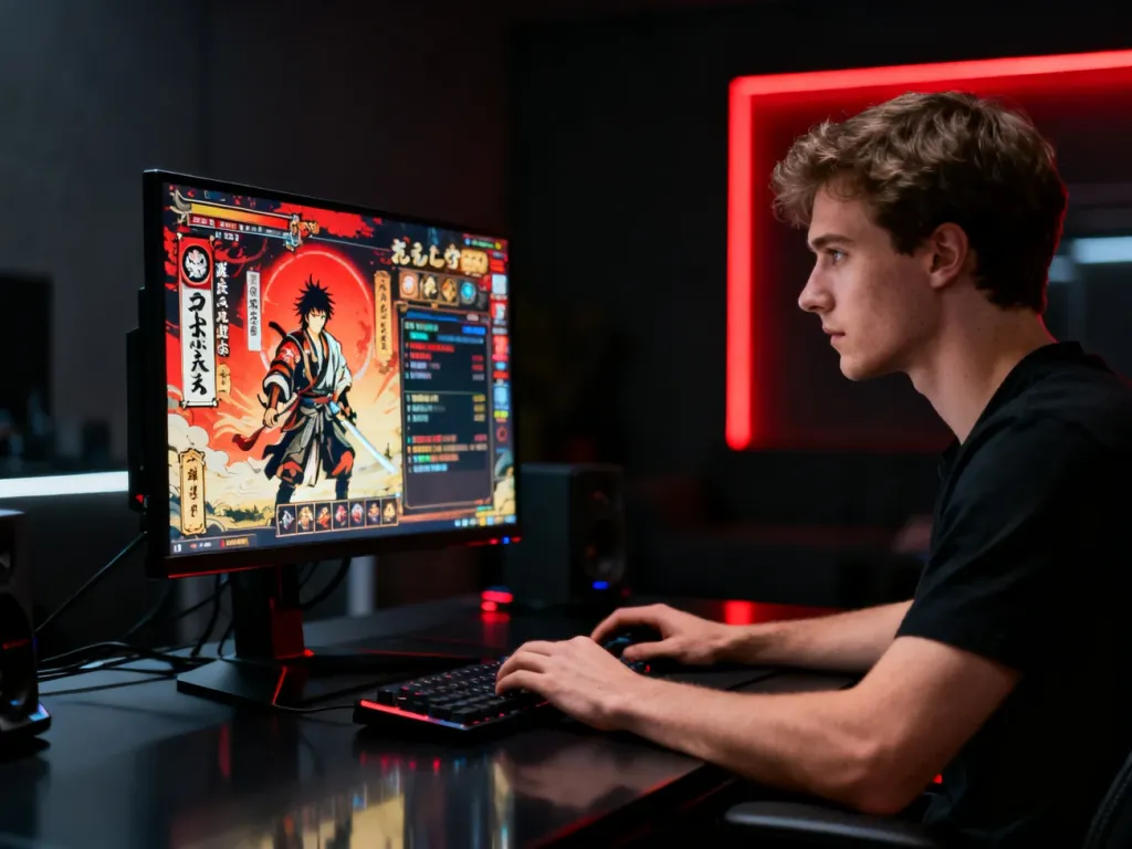 Gracz skupiony na rozgrywce w japońskie RPG przy stanowisku z nastrojowym czerwonym oświetleniem.